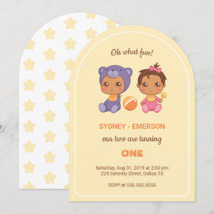 Invitation Baby Twins Premier anniversaire fille ours Jaune 1