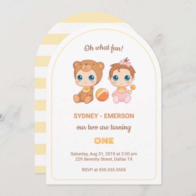 Invitation Baby Twins Premier Anniversaire Fille Ours Jumpsui (Devant / Derrière)