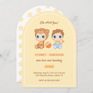 Invitation Baby Twins Premier anniversaire Garçon Ours Jaune