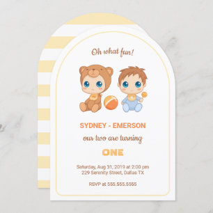 Invitation Baby Twins Premier anniversaire Garçon ours Jumpsu