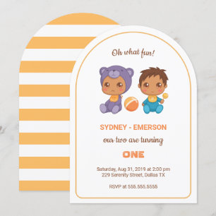 Invitation Baby Twins Premier anniversaire Garçon Violet Ours