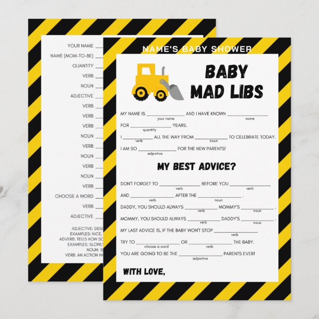 Invitation Baby Under Construction Game - Editable Name, 5x7 (Devant / Derrière)