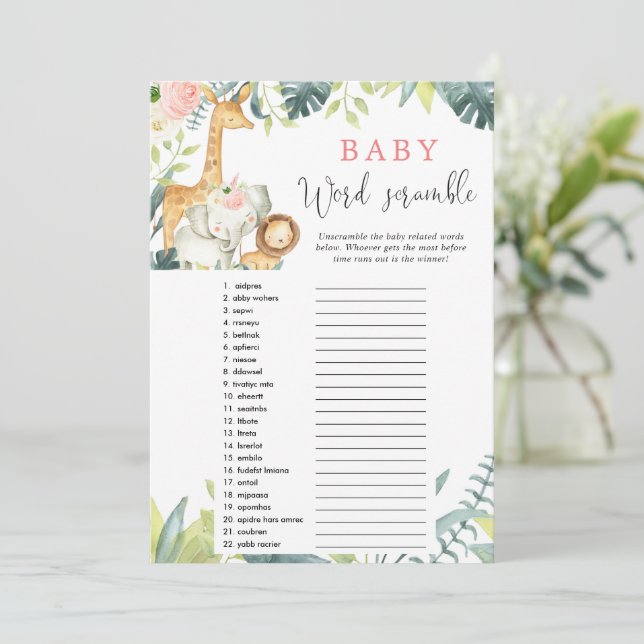 Invitation Baby word scramble safari jeu de baby shower (Debout devant)