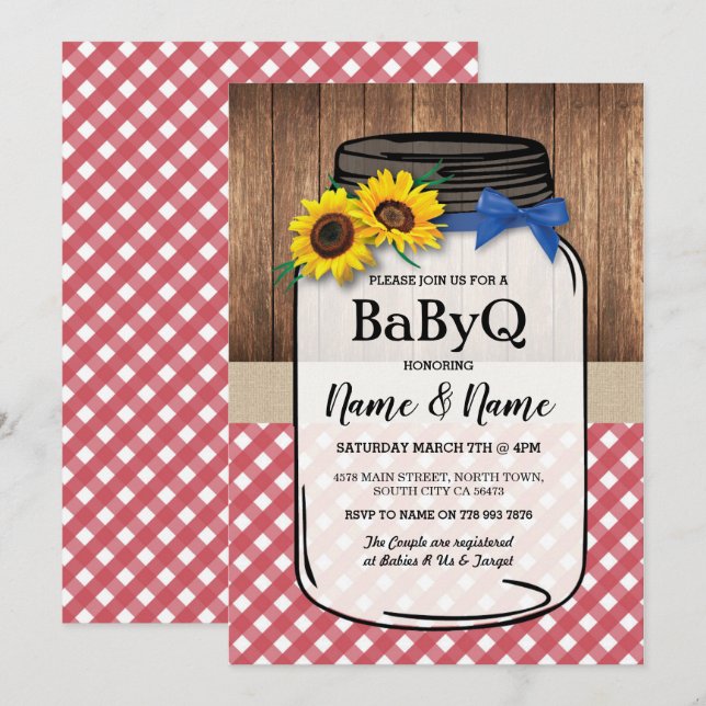 Invitation BaByQ Baby shower BBQ de tournesol Jar Wood Red Ch (Devant / Derrière)