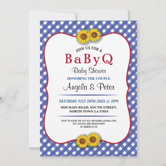 Invitation BABYQ Baby shower BBQ Party Sunflower Blue Invitat (Devant)