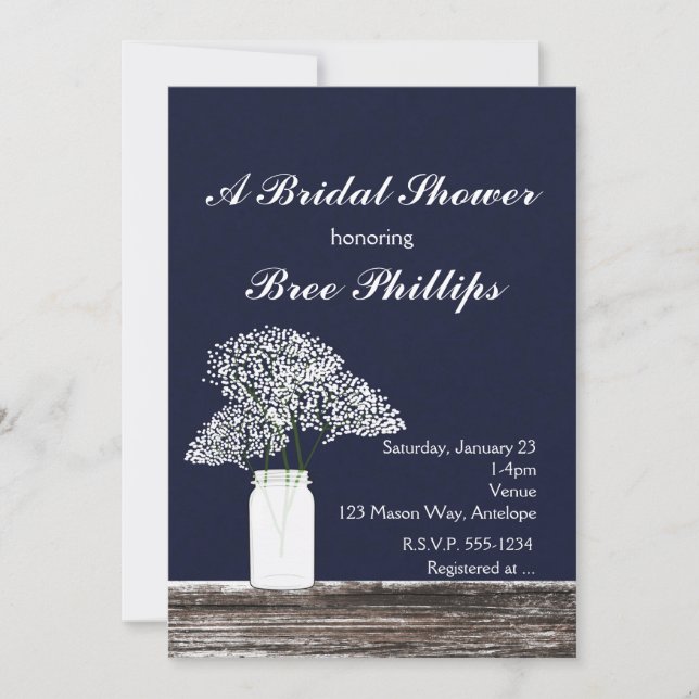 Invitation Baby's Breath dans un pot Mason Rustique Bleu Invi (Devant)