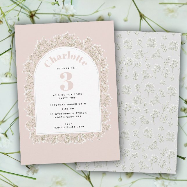 Invitation Baby's Breath Girl Pink Gypsophila Kids Birthday (Baby's Breath Girl Pink Gypsophila Kids Birthday Invitation)