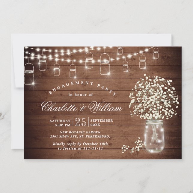 Invitation Baby's Breath Mason Jar Rustic Engagement Party (Devant)