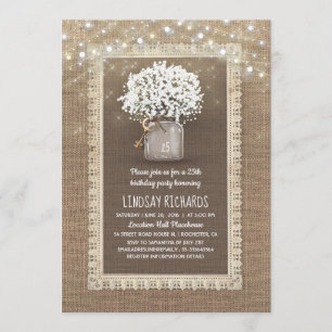 Invitation Baby's Breath Mason Jar Rustic Lace Anniversaire
