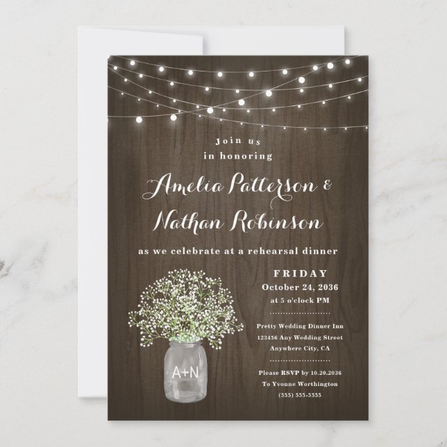 Invitation Babys Breath Mason Jar Rustic Rehearer Dîner (Devant)