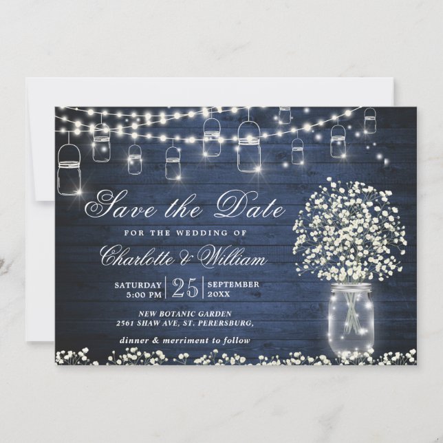 Invitation Baby's Breath Mason Jar Rustique Bleu Bois Mariage (Devant)