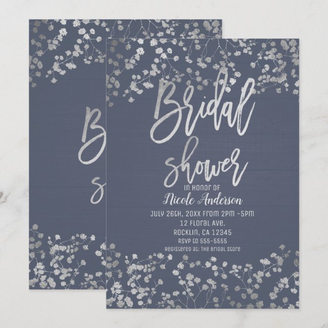 Invitation Baby's Breath Moderne Mariage Blue Argentée Feuill (Devant / Derrière)
