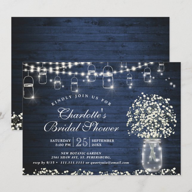 Invitation Baby's Breath Pot Mason Bleu Rustique Mariage (Devant / Derrière)