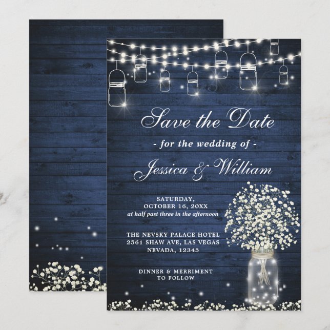 Invitation Baby's Breath Pot Mason Rustique Bleu Bois Mariage (Devant / Derrière)
