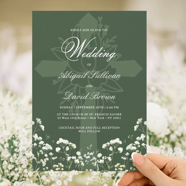Invitation Baby's Breath sur vert sauge Mariage Religieux (Créateur téléchargé)