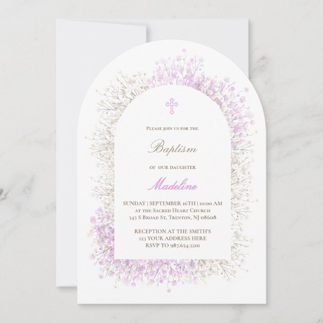 Invitation Baby's Breath white lilac baby girl Baptism (Devant)