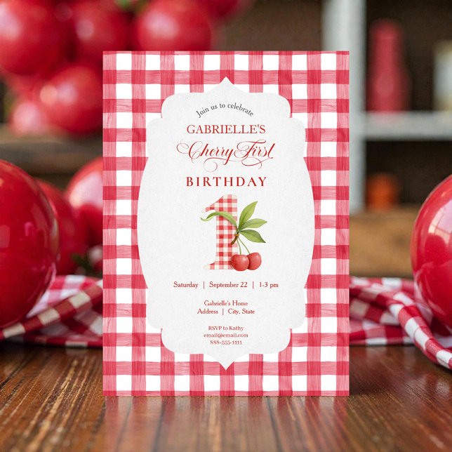Invitation Baby's Cherry First Red Gingham Birthday (Créateur téléchargé)