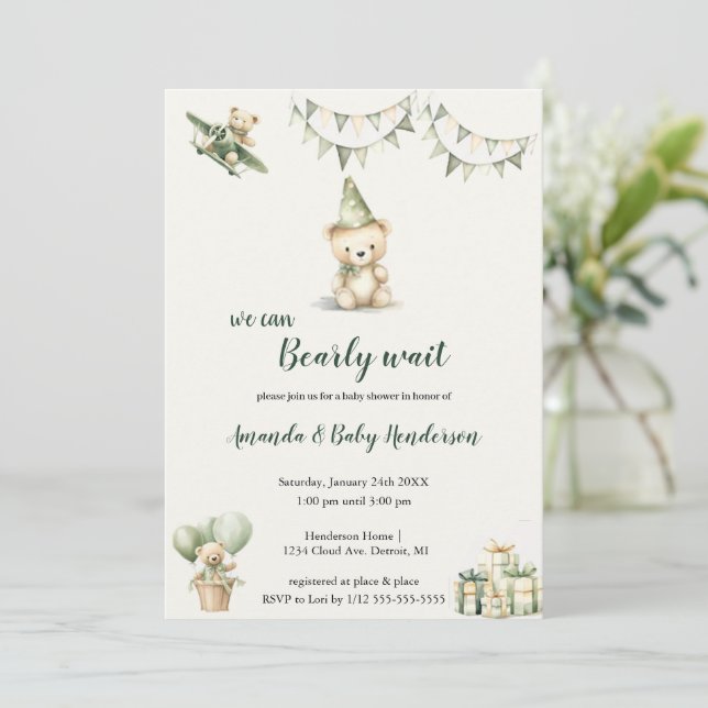 invitation babyshower ours brun et vert (Debout devant)