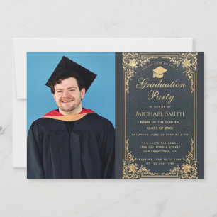 Invitation Bac à diplôme Boy Photo Vintage Bleu Gold Script