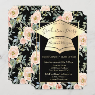 Invitation Bac de diplôme, Fleurs Roses noir Graduation