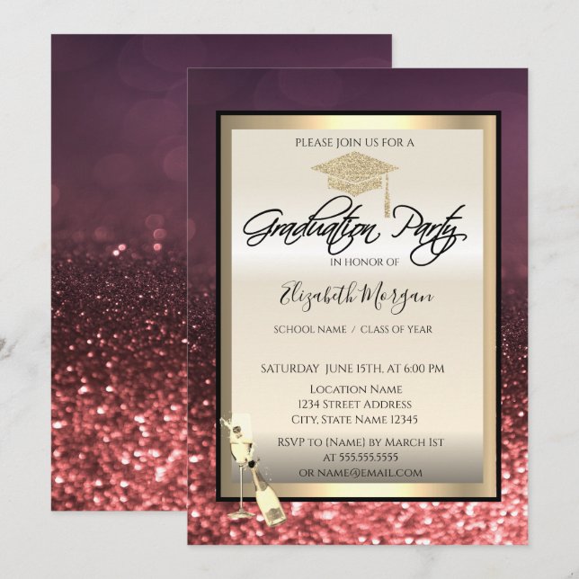Invitation Bac de finition élégant, Verre à vin Graduation (Devant / Derrière)