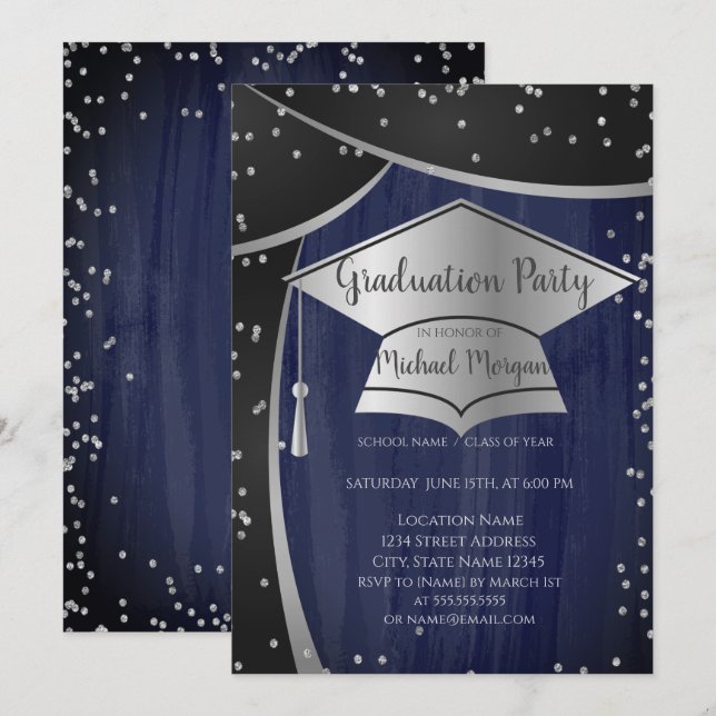 Invitation Bac de graduation en argent cool, Diagramme (Devant / Derrière)