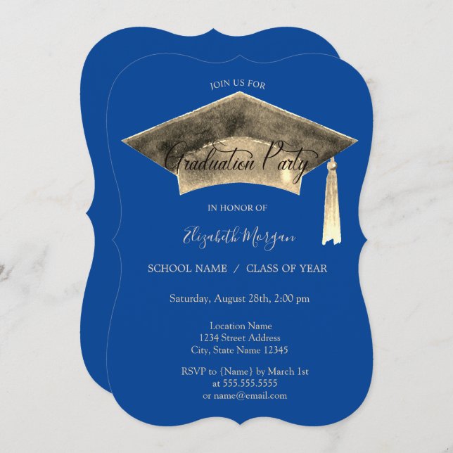 Invitation Bac de graduation en or Tassel Bleu Graduation (Devant / Derrière)