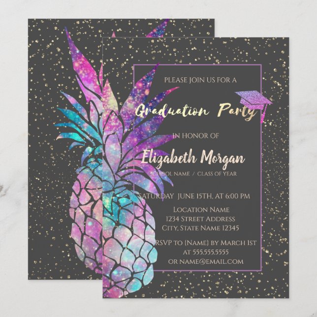 Invitation Bac de parties scintillant, Ananas, Confetti (Devant / Derrière)