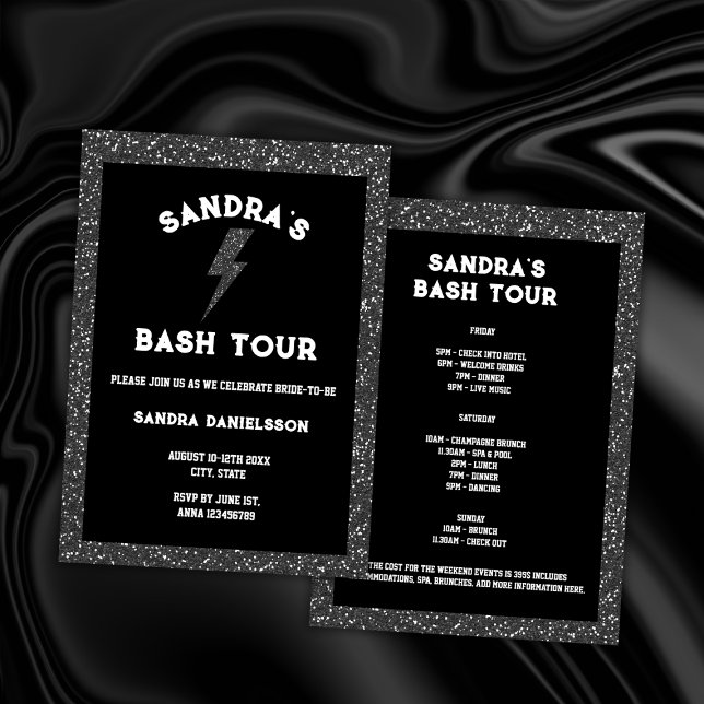 Invitation Bach Tour Black Rock et Roll Bachelorette Week-end (rock bachelorette party invitation weekend itinerary bach tour black gliter)