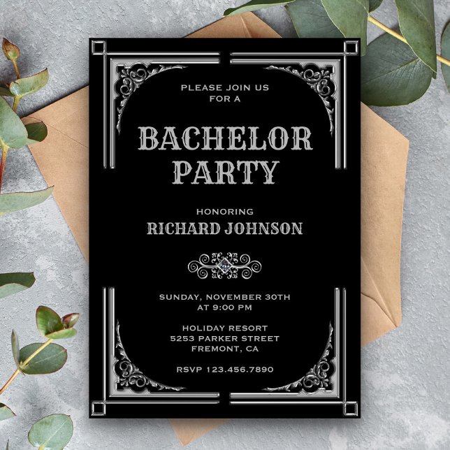 Invitation Bachelor Art Déco Noir (Créateur téléchargé)