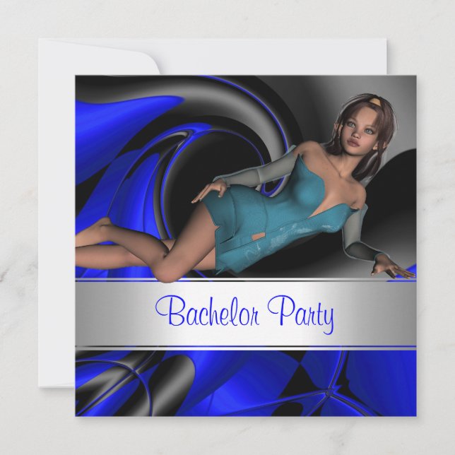 Invitation Bachelor Party Abstraite courbe bleue Pin up Girl  (Devant)