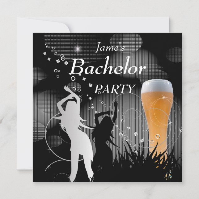 Invitation Bachelor Party Black Gold White Beer Glass Girls (Devant)