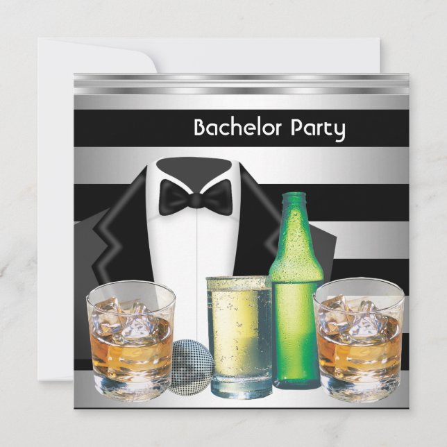 Invitation Bachelor Party Mens Boissons Tuxedo Black Silver (Devant)