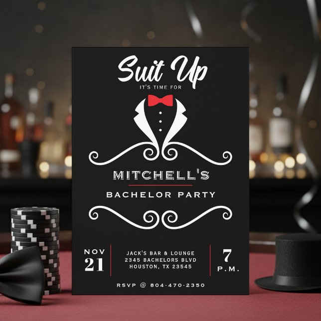Invitation Bachelor Party Tuxedo Suit Bowtie Black & Red (Bachelor Party Tuxedo Suit Bowtie Black & Red Invitation
)