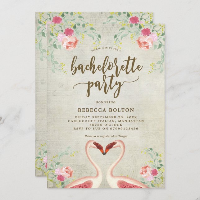 Invitation bachelorett floral flamand rose (Devant / Derrière)