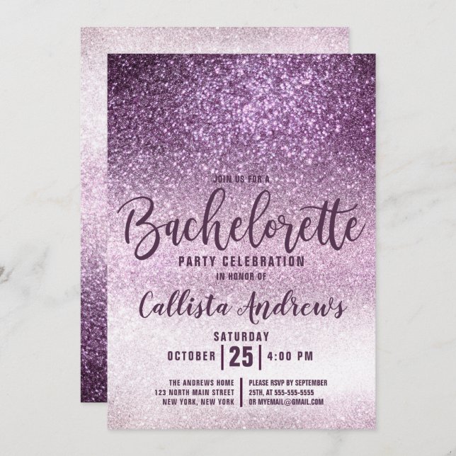Invitation Bachelorette à trois Parties scintillant violet (Devant / Derrière)