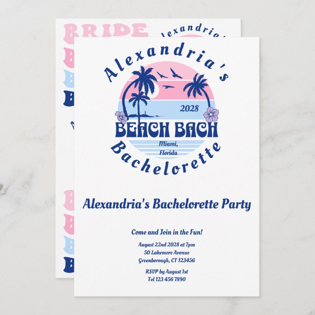 Invitation Bachelorette Beach Party Wavy Retro (Devant / Derrière)