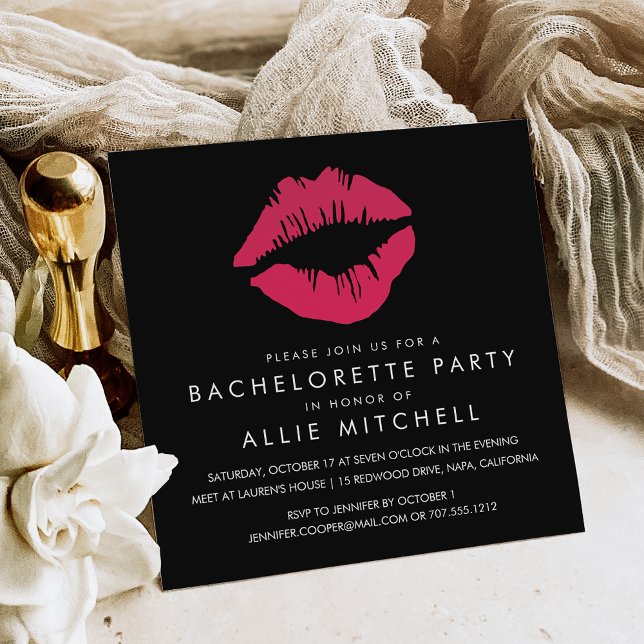 Invitation Bachelorette Black & Pink Lips (Créateur téléchargé)