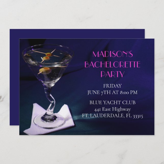 Invitation Bachelorette Bleue Lumineuse Martini fête nuptiale (Devant / Derrière)