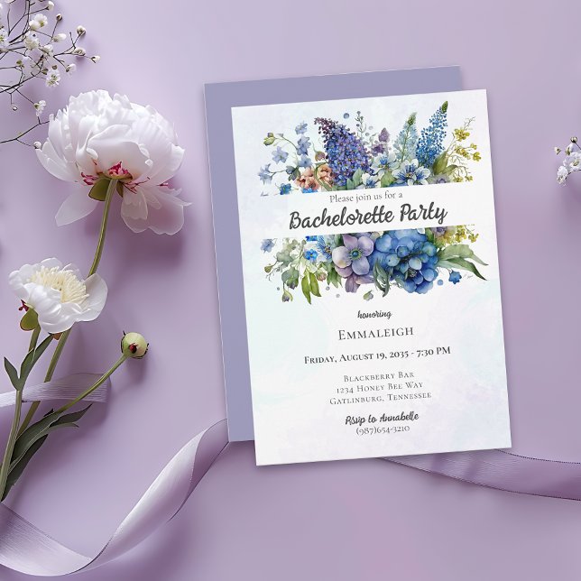 Invitation Bachelorette Bohême Bleue Violet Aquarelle (Créateur téléchargé)