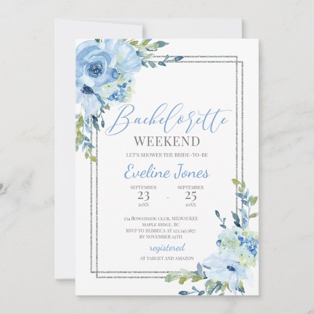 Invitation Bachelorette Boho bleu foncé à cadre argenté (Devant)