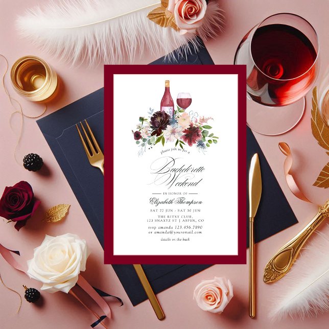 Invitation Bachelorette Bourgogne, Broussaillée et Bleue Fin  (Burgundy, Blush and Blue Wine Bachelorette Weekend Invitation)