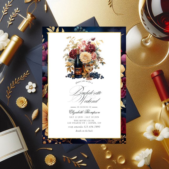 Invitation Bachelorette Bourgogne, Or et Marine (Burgundy, Gold and Navy Wine Bachelorette Weekend Invitation)