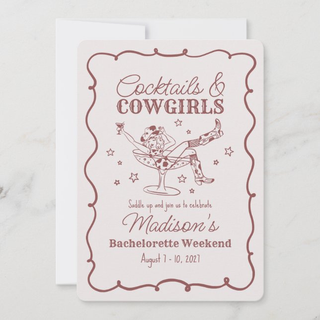 Invitation Bachelorette Burgundy Cocktail and Cowgirls Bash (Devant)