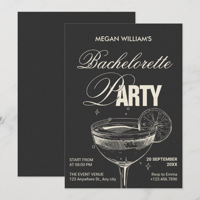 Invitation Bachelorette cocktail noir rétro (Devant / Derrière)