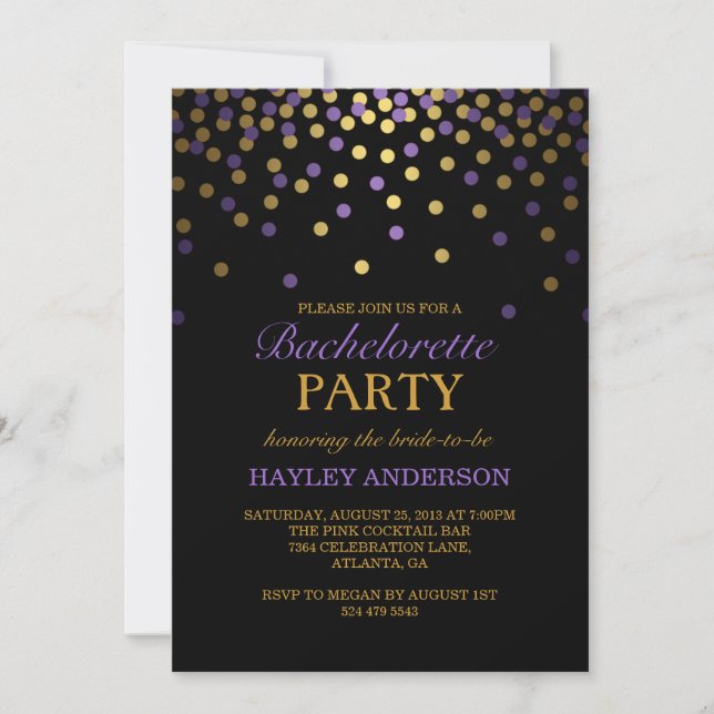 Invitation Bachelorette Confetti Purple & Gold (Devant)