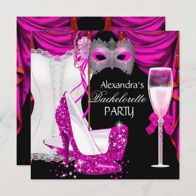 Invitation Bachelorette Corset Rose Masquerade Champagne 2 (Devant / Derrière)