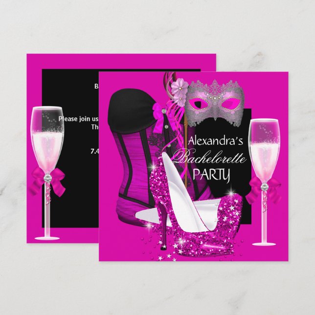 Invitation Bachelorette Corset Rose Masquerade Champagne 3 (Devant / Derrière)