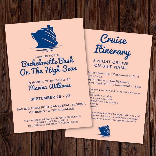 Invitation Bachelorette Cruise Navire Marine Et Pêche Itinéra (Bachelorette cruise invitation with itinerary. In a navy and peach color palette. )