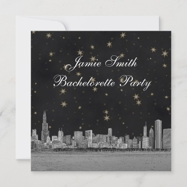 Invitation Bachelorette de Chicago Skyline Black Gold Star (Devant)